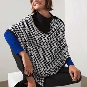 NWT Chicos Houndstooth Poncho Sweater Snap Collar Black White Small Medium New